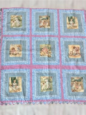Crib Quilt Infant Baby handmade patchwork blue pink 38 in. x 41 in. reversible